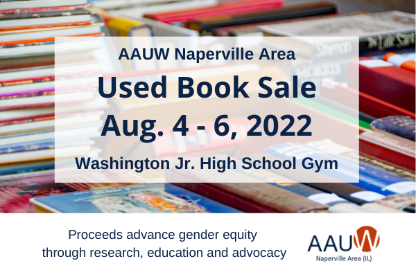 Banner graphic with stacks of books and dates of AAUW Naperville Area booksale