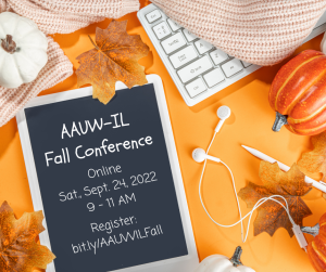 Graphic of autumn leaves and chalkboard containing Fall Conference date and registration link