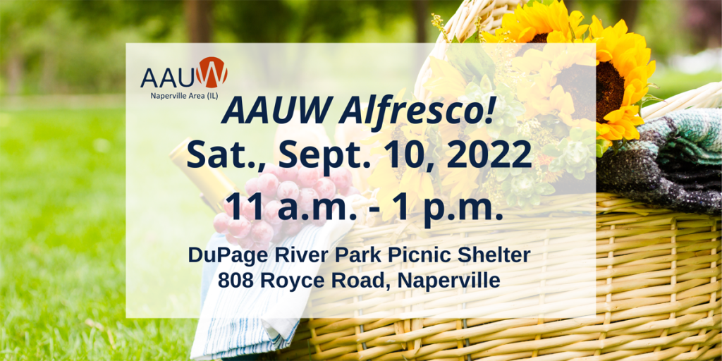 Color graphic of autumn picnic basket with title "AAUW Alfresco" and event date