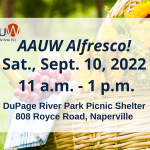 Color graphic of autumn picnic basket with title "AAUW Alfresco" and event date