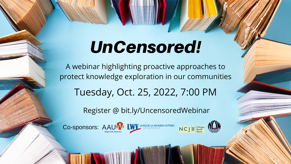 Color graphic of books with webinar title "Uncensored", webinar date and sponsor logos