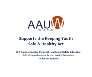 Graphic with text, "AAUW Naperville Area supports the Keeping Youth Safe & Healthy Act."