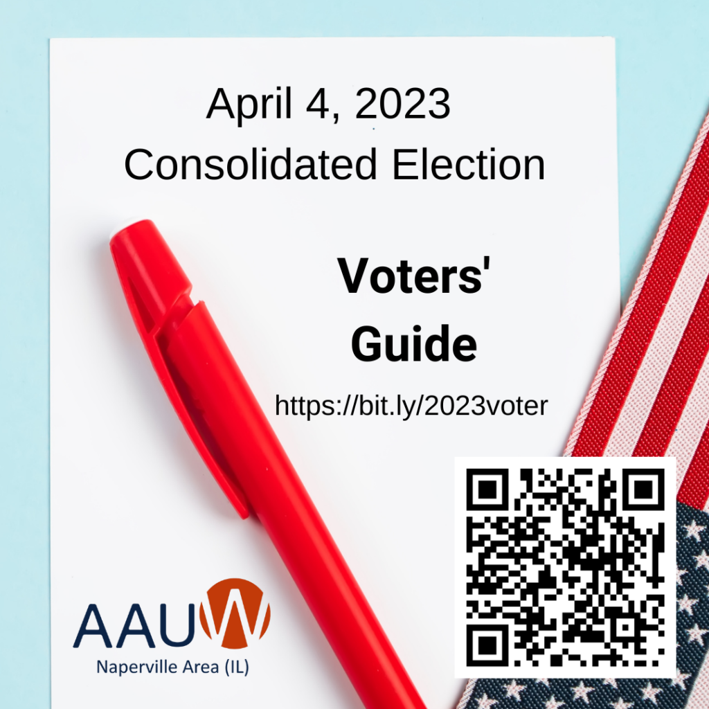 Link and QR code to AAUW Naperville Area April 4, 2023, Consolidated Election Voters' Guide