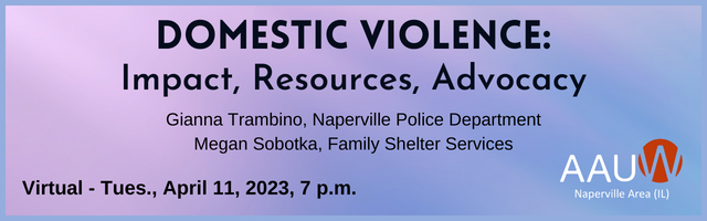 Blue and purple graphic with program title, "Domestic Violence: Impact, Resources, Advocacy"