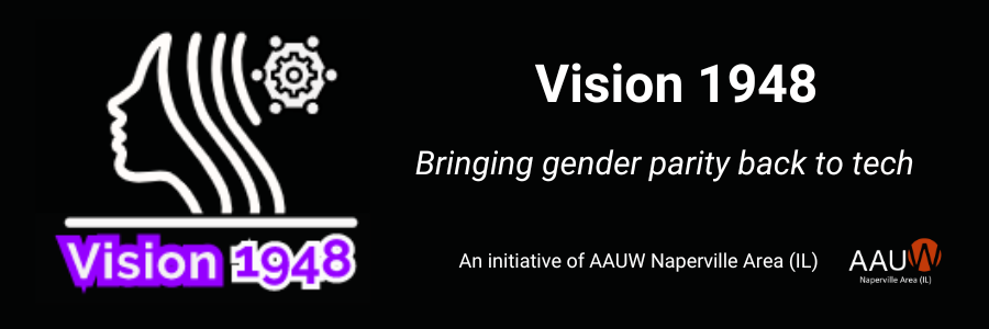 Vision 1948 banner, black and purple, with tagline: Bringing gender parity back to tech