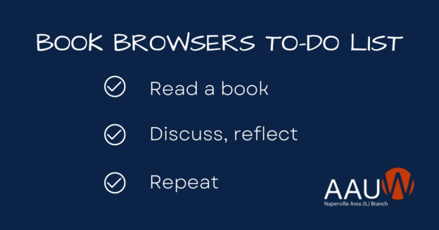 Blue and white graphic with "Book Browsers To-Do List": Read a book; Discuss, reflect; Repeat