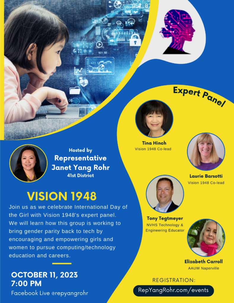 Blue & yellow flier for Vision 1948 STEM panel event hosted by Illinois State Rep. Janet Yang Rohr