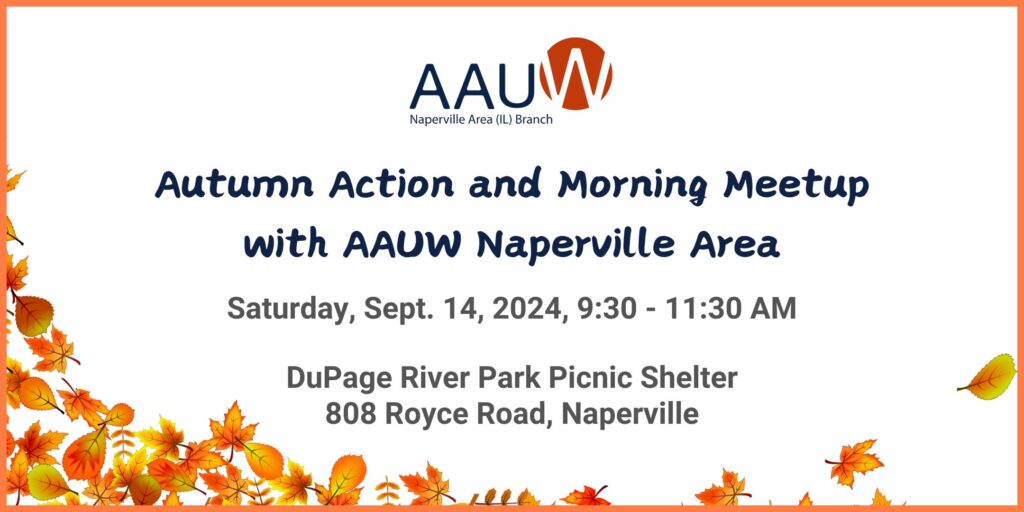 Illustration of colorful autumn leaves with announcement about AAUW September event called Autumn Action and Morning Meetup