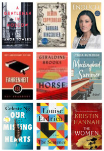 Collage of 9 colorful book covers; titles are of books selected for AAUW Naperville Area evening book browsers reading list 2024-2025