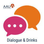 Pink and orange dialogue illustrations with AAUW logo