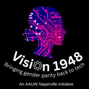 Vision 1948 purple female head logo with "Bringing gender parity back to tech" logo