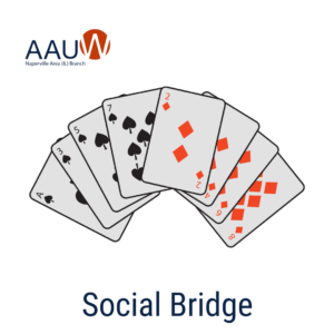 Fanned playing cards with AAUW Naperville Area logo and "Social Bridge" title