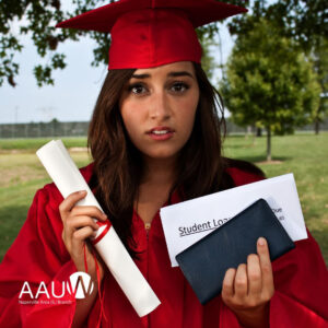 Concerned woman in graduation cap and gown holding a diploma and a student debt document