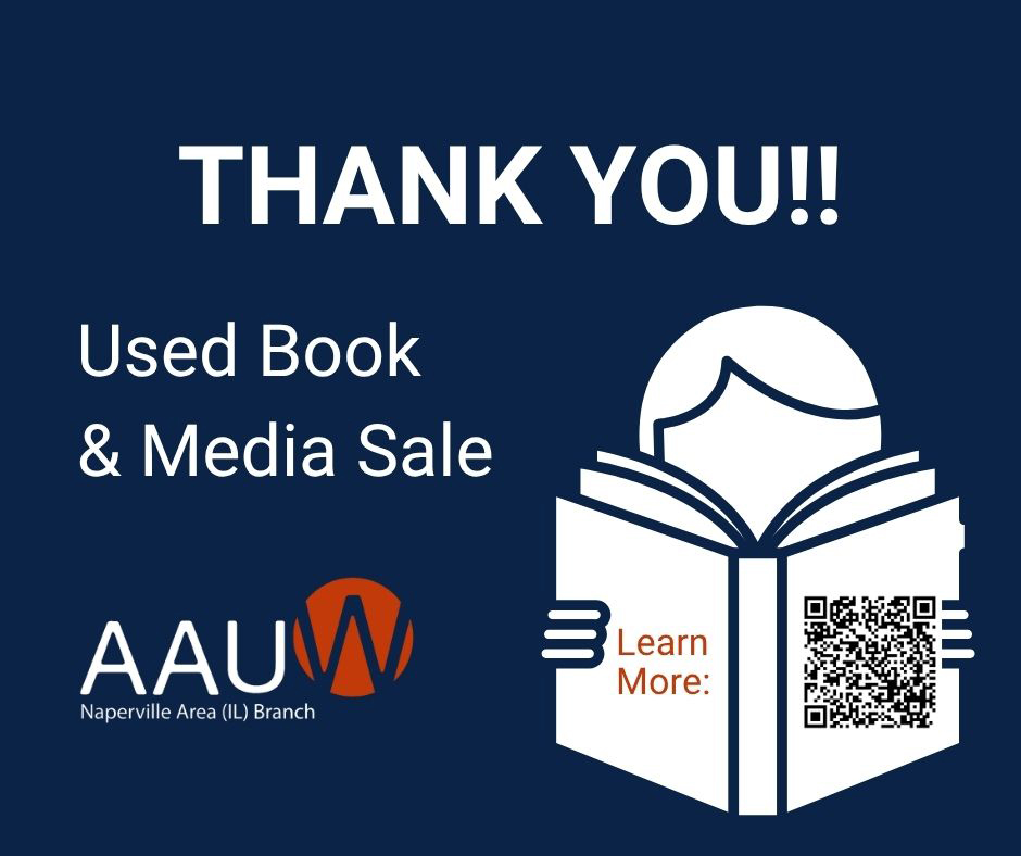 Blue and white thank you sign with "AAUW Used Book & Media Sale" and QR code for more information