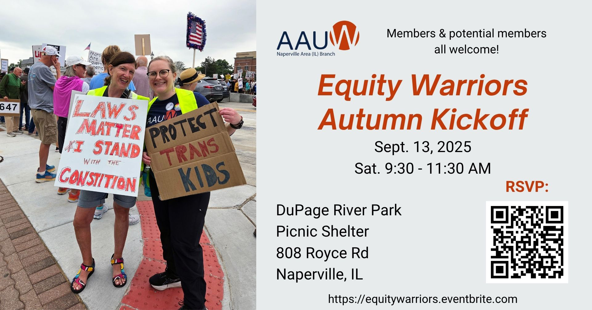 Two women holding signs at civil rights rally; announcement for Equity Warriors event on September 13, 2025