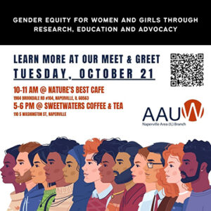 Colorful illustration of profiles of diverse women and men; AAUW Naperville Area - Learn more at our Meet & Greet, Tuesday, October 21