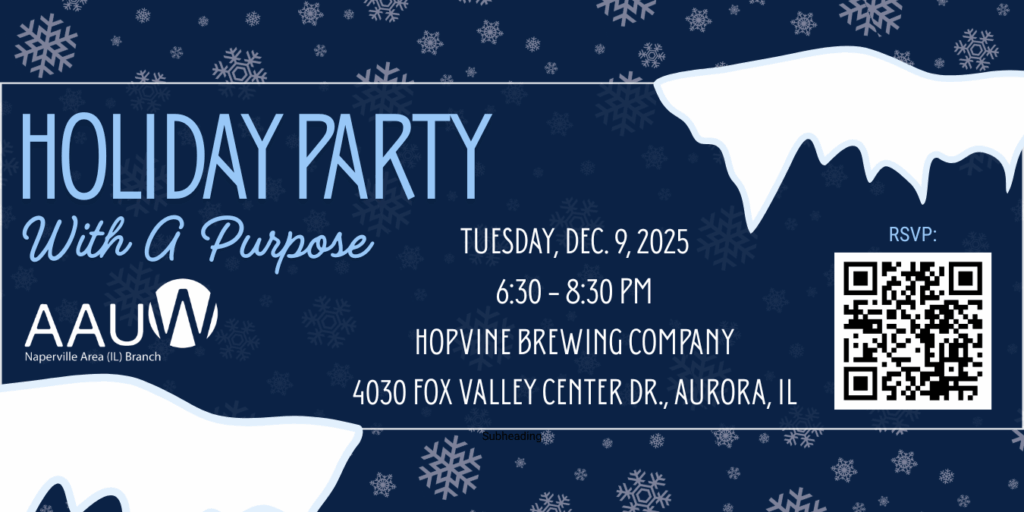 Blue and white illustration of snowflakes and snowdrifts, with text and QR code for AA UW Naperville Area Holiday Party With a Purpose on Tuesday, Dec. 9, 2025
