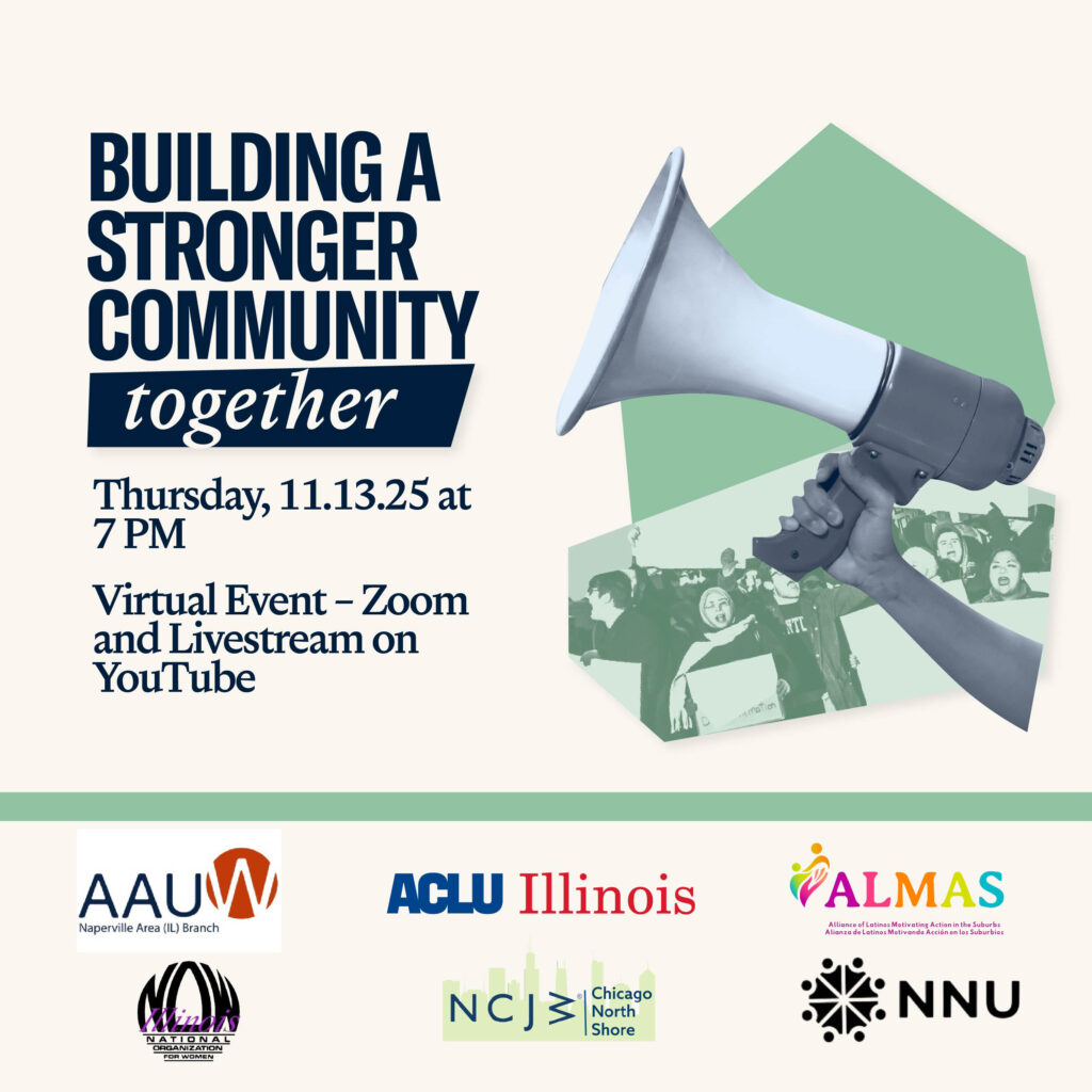 Illustration of a megaphone; text, "Building a Stronger Community Together"; logos of 6 non-profit organizations