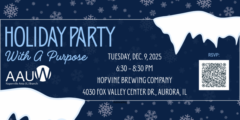 Blue and white illustration of snowflakes and snowdrifts, with text and QR code for AA UW Naperville Area Holiday Party With a Purpose on Tuesday, Dec. 9, 2025