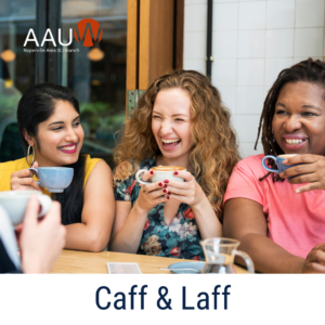 Three smiling women (Asian, white and Black) drinking coffee
