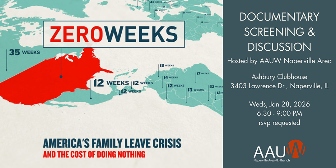World map showing number of weeks of family leave in various countries; "Zero Weeks" label pointing to United States; info about a documentary screening